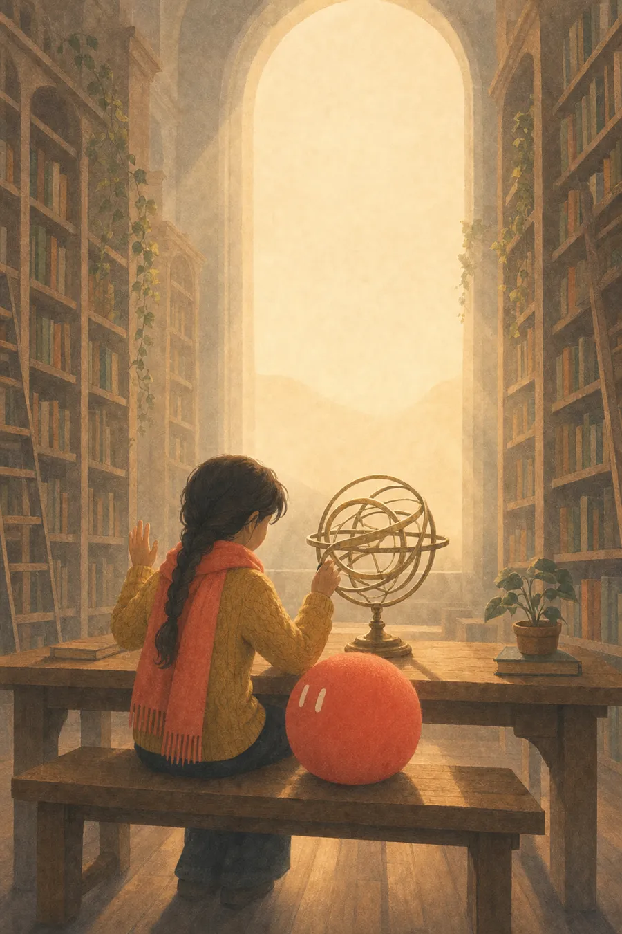 A girl in a yellow sweater raises her hand at a library table, Sophie sitting beside her on the bench