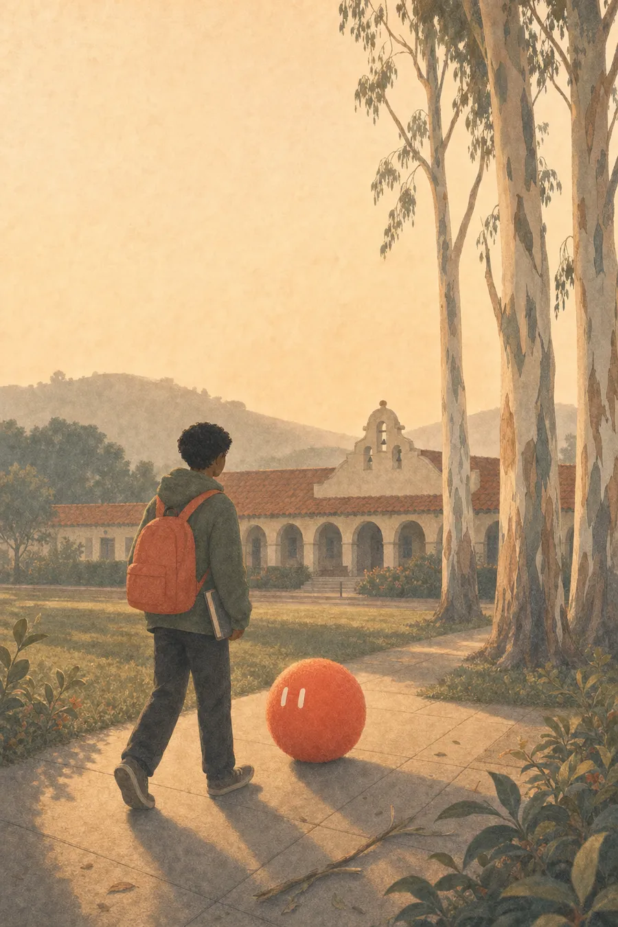 A student with an orange backpack walks past the Burlingame train station under the eucalyptus, Sophie rolling beside him