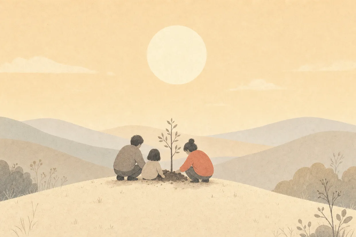 A few people planting and tending a young sapling together at dawn.