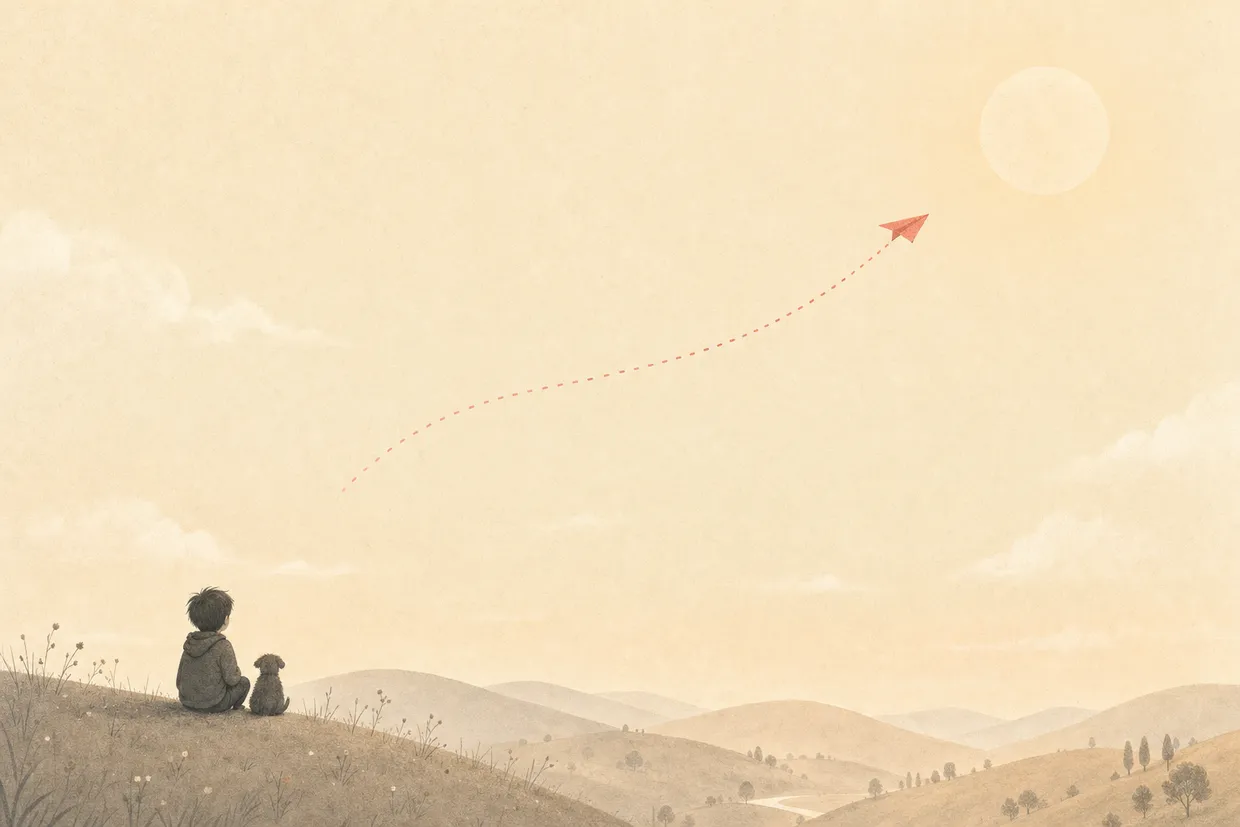 A child watching a paper airplane arc across a calm sky.