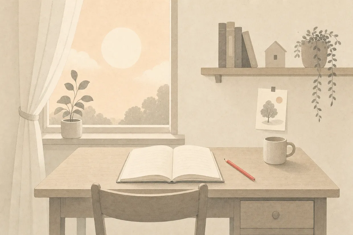 A child's sunlit study desk with an open notebook, a mug and a small plant.