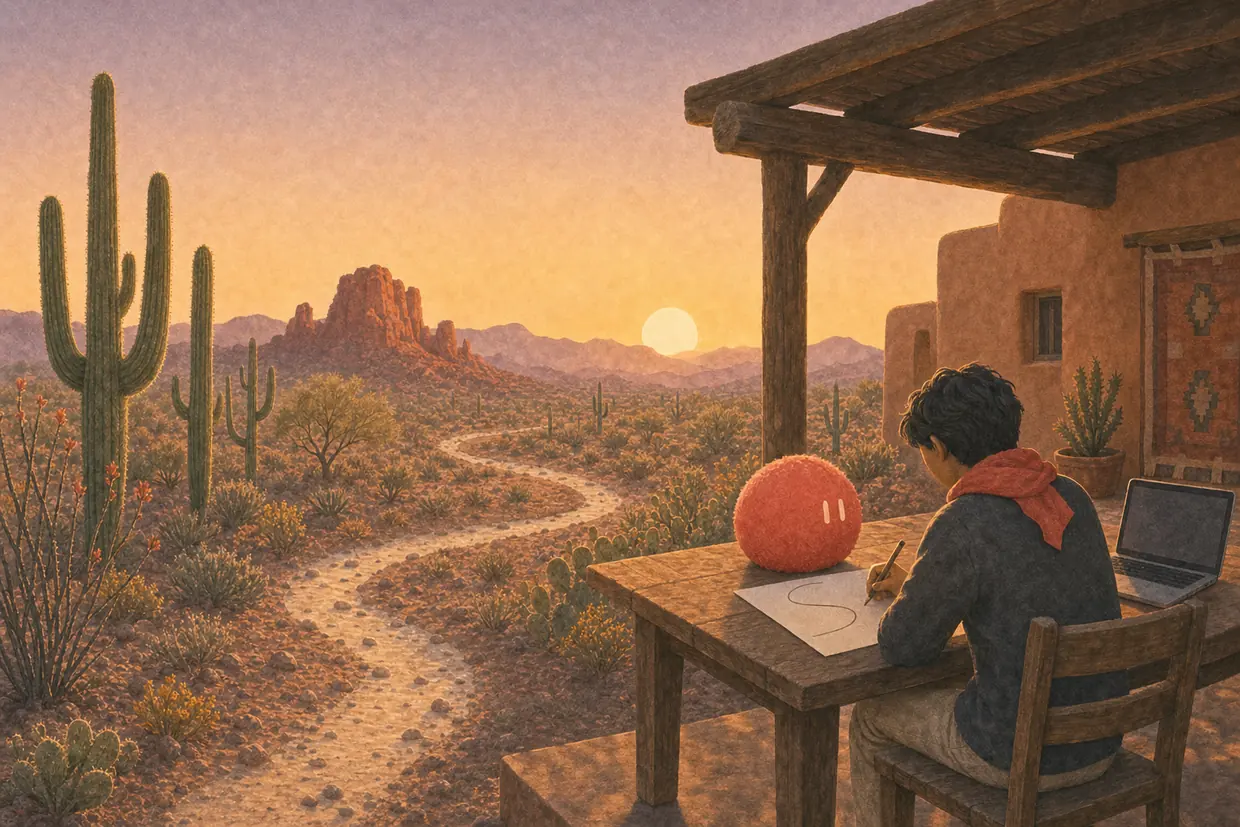 A teenager studies on an adobe patio in the Sonoran Desert, Sophie beside the paper.