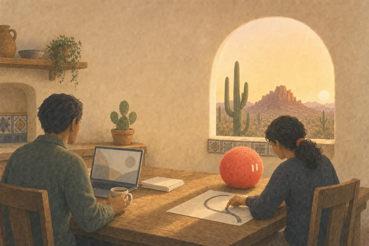 A parent at an adobe kitchen table with a laptop while their teenager works with Sophie.