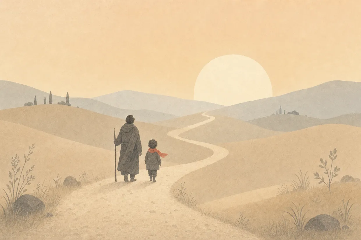 A guide and a child walking a gentle path toward a rising sun, the climb of understanding.