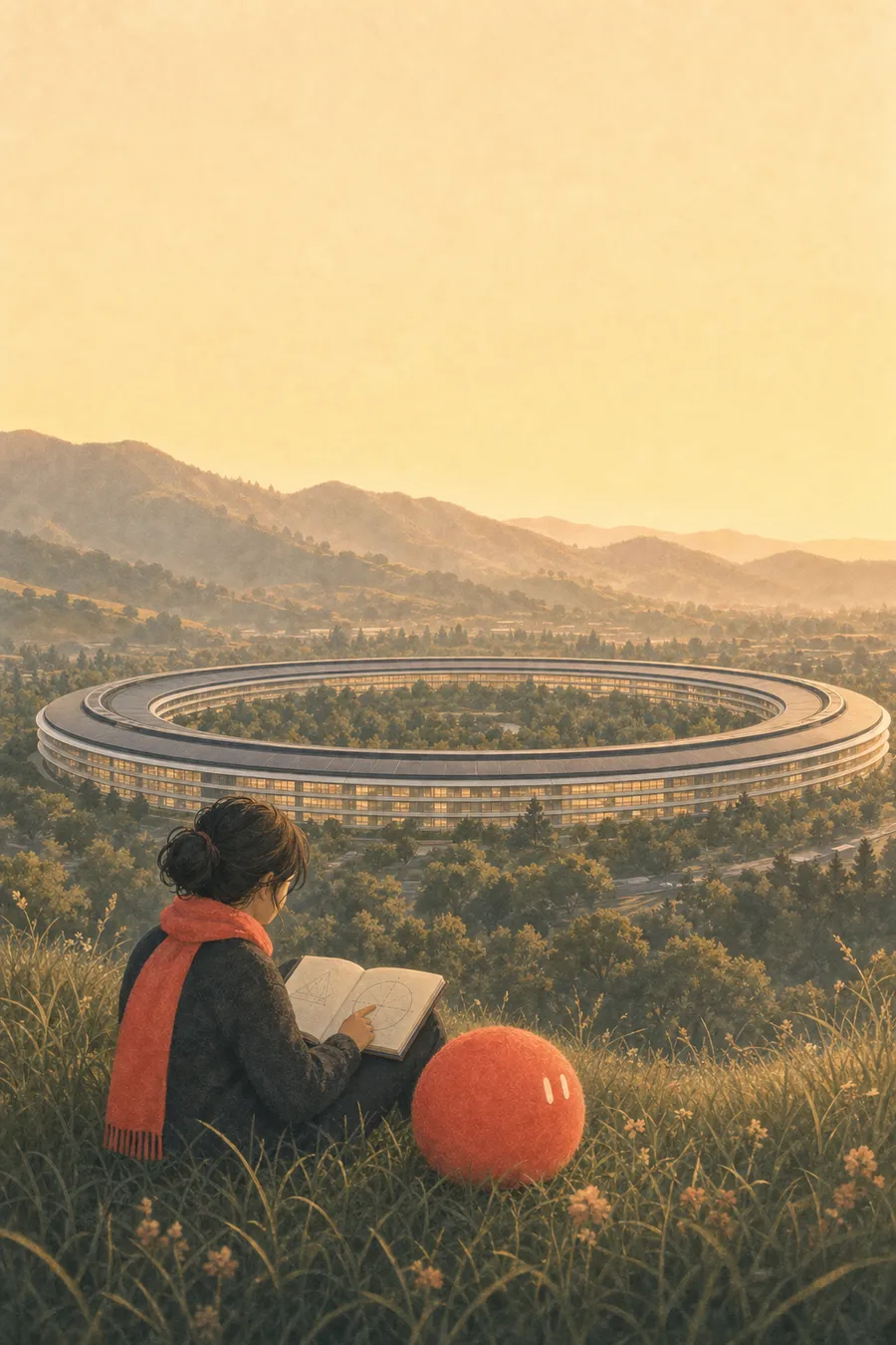 A student in an orange scarf reads on a Cupertino hillside above Apple Park, Sophie resting beside her
