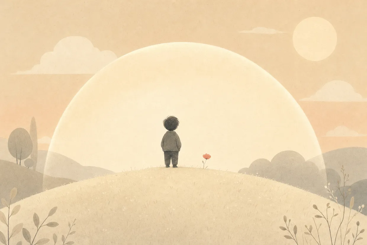 A child standing calm and safe on a hill under a soft, wide sun.