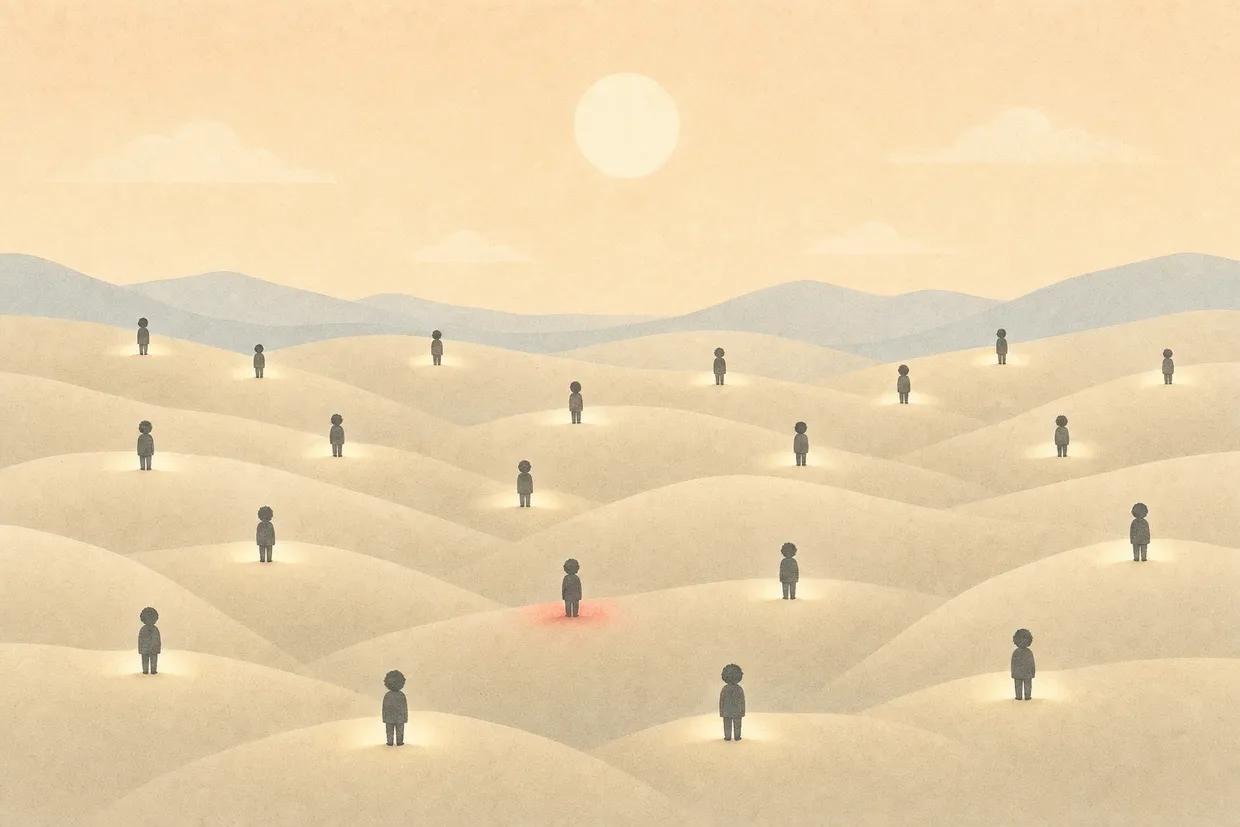 Many small figures across soft hills, each under their own gentle light, a tutor for every family.