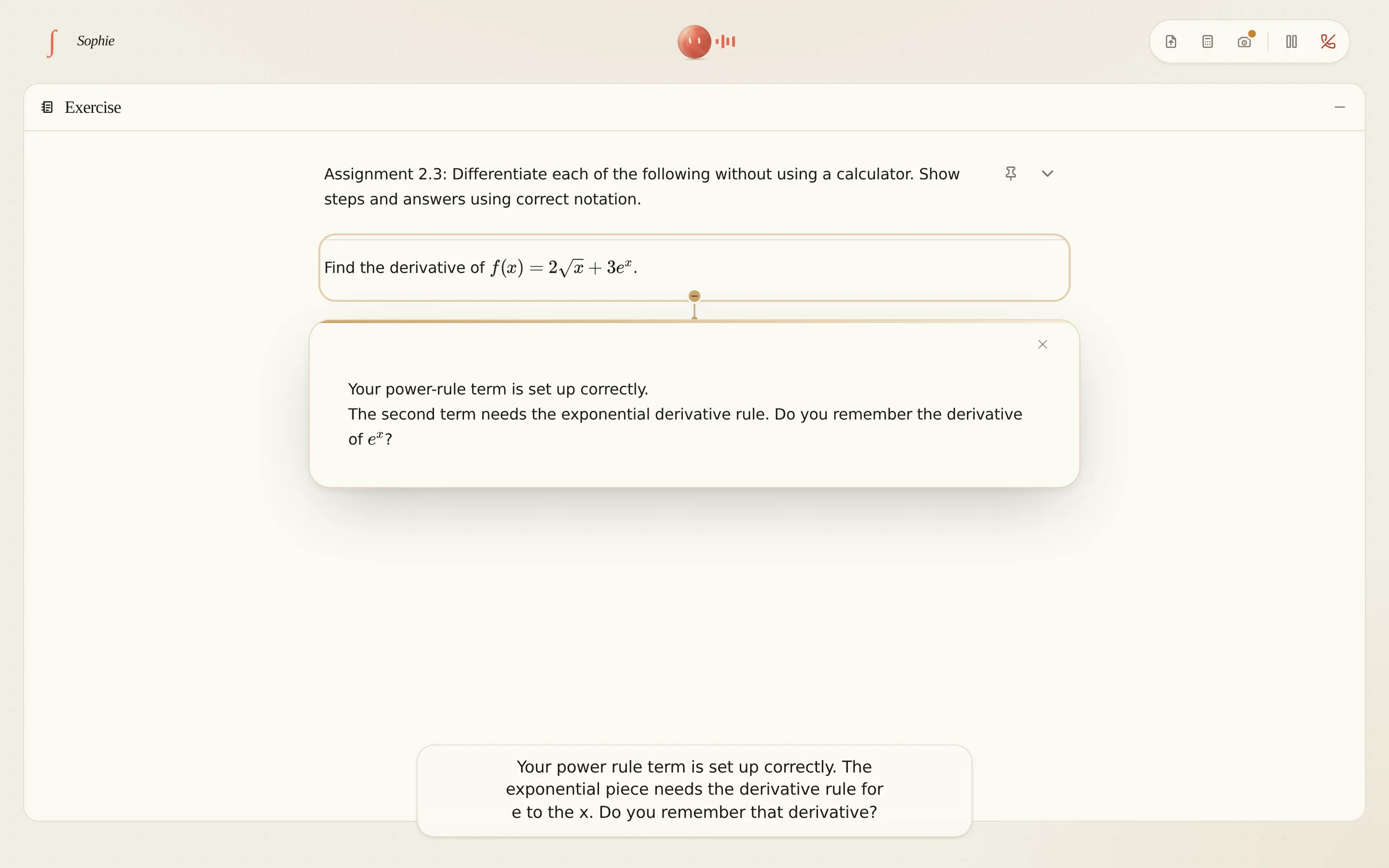 Sophie highlights the part of a derivative exercise that needs attention and offers a hint about the exponential rule