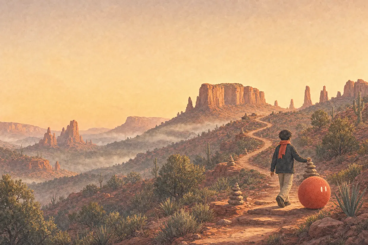 A teenager and Sophie walk a curving trail up a red-rock mesa at sunrise.