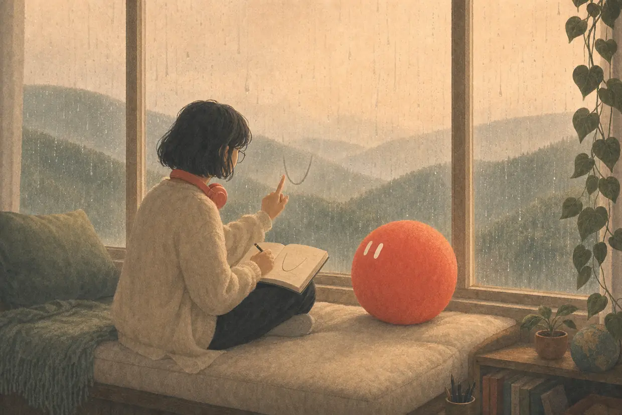 A teenager on a window seat sketches a parabola in her notebook while Sophie rests beside her and rain runs down the glass.